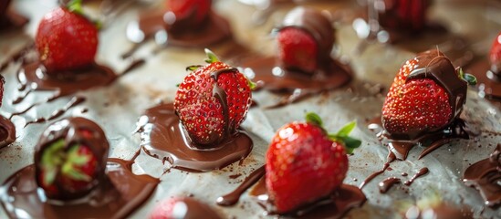 Aufkleber - Chocolate coated strawberries arranged on a baking sheet with melted chocolate splatters, rich red and brown tones, in a mesmerizing depth of field.