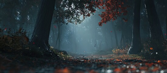 Poster - Moody forest scene with thick fog in autumn colors featuring dark trees and a bright light source illuminating a winding path through the park