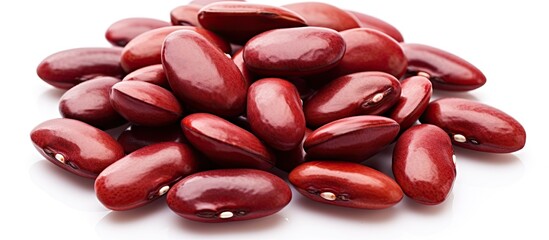 Poster - Red kidney beans piled on a clean white background with smooth texture and glossy finish showcasing their rich dark red color and distinct shape.