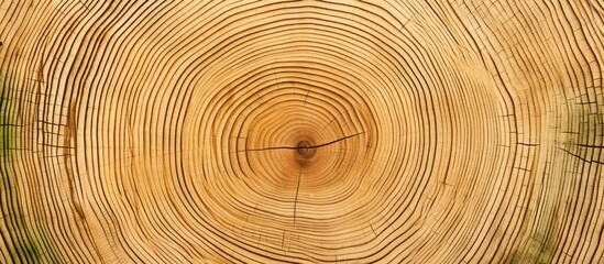 Aufkleber - Pine wood cross-section with clearly visible core and annual rings, set against a soft green background showcasing natural textures and colors.