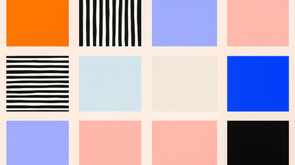 Poster - Abstract Geometric Pattern: A visually dynamic composition of colorful squares and striped rectangles create an eye-catching abstract geometric pattern.