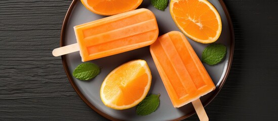 Poster - Orange popsicles arranged on a round dark plate with fresh orange slices and mint leaves on a gray textured background in a top view composition