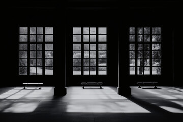 Poster - Architectural Symphony in Monochrome: A stunning, high-contrast shot capturing the architectural beauty of a room with three large windows and three benches bathed in sunlight