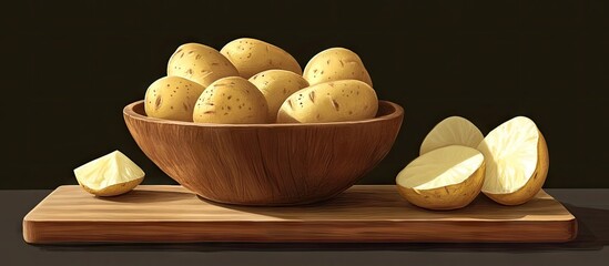 Aufkleber - Peeled potatoes in a wooden bowl atop a dark kitchen board with sliced potatoes beside them showcasing freshness and cooking readiness
