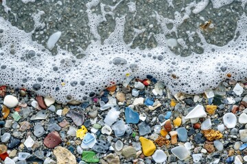 Aufkleber - Close up view of colorful plastic fragments washed ashore by ocean waves. Generative AI