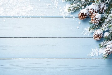 Poster - Snow-covered pine cones and branches on light blue wooden background.
