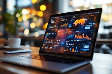 Poster - Laptop displaying financial analytics on screen in coffee shop with blurred lights in background.