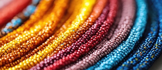 Leinwandbilder - Vibrant colored beads in smooth rows of red, orange, yellow, blue, and purple arranged horizontally showcasing the beauty of beaded jewelry making.
