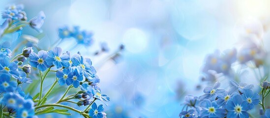 Aufkleber - Light blue blurred background with clusters of delicate forget-me-not flowers in the foreground creating serene copy space on the right side