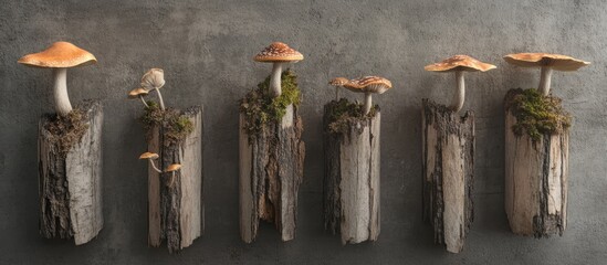 Poster - Mushrooms on textured wooden trunks create a serene natural scene, featuring earthy browns and greens, emphasizing mental health and well-being.