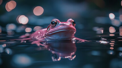 Poster - Frog in water with pink hue reflecting bokeh lights, dreamy aquatic scene. Wildlife and nature photography concept