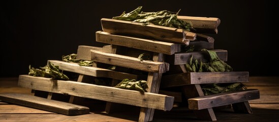 Aufkleber - Wooden press stacked with planks and dried green leaves, positioned at an angle, showcasing earthy tones against a dark background.