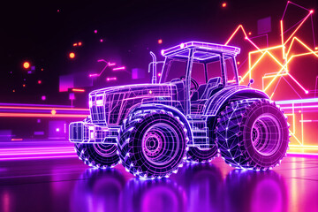 Wall Mural - Neon wireframe tractor illustration with glowing lights on futuristic background.