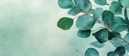 Aufkleber - Green eucalyptus leaves gently positioned on the right against a soothing soft teal background with delicate raindrops adding a refreshing touch.