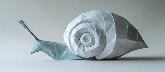 Poster - elegant origami representation of a snail with a spiraled white shell and teal body, set against a s