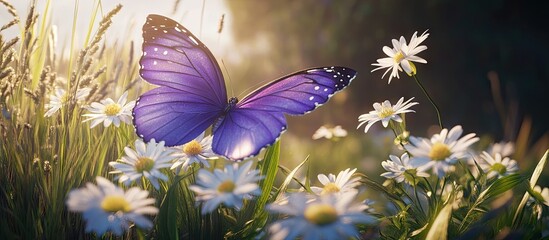 Leinwandbilder - Purple butterfly with open wings hovering over delicate white wildflowers in lush green grass illuminated by soft morning sunlight.