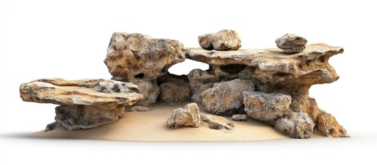 Aufkleber - Desert rock formation with textured brown stones and sandy base, isolated on a clean white background, showcasing rugged natural beauty.