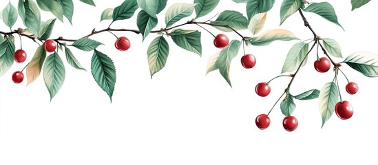 Aufkleber - Vibrant cherry branch with red berries on a white background featuring lush green leaves gracefully arranged across the top of the image.