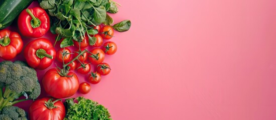 Poster - Vibrant arrangement of ripe tomatoes, greens, and broccoli on a soft pink background with ample copy space on the right for advertising purposes
