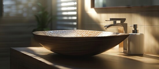Fototapete - Elegant wooden bowl sink illuminated by soft natural light with a sleek faucet and minimalist soap dispenser on a stylish countertop.