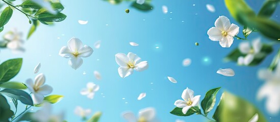 Aufkleber - Serene blue background with delicate white blossoms and green leaves floating gracefully, creating a tranquil and refreshing spring atmosphere.