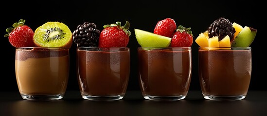 Poster - Rich layered chocolate panna cotta in clear glass jars with fresh fruit garnishes including strawberries, blackberries, kiwi, and melon against a black background