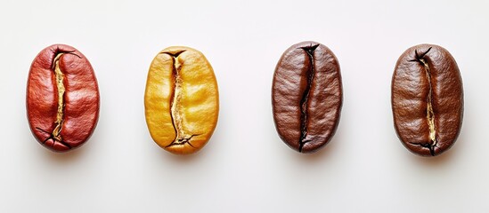 Poster - Gourmet roasted coffee beans in red, yellow, and brown colors arranged side by side showcasing unique flavors and textures for coffee lovers