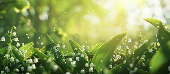Fototapete - Stunning lilies of the valley blossoming in vibrant green foliage with soft sunlight creating a serene spring atmosphere suitable for copy space