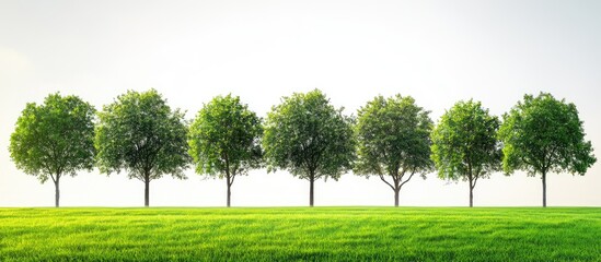 Fototapete - Panoramic view of lush green treeline with seven trees arranged evenly on vibrant grass under a bright sky creating a serene natural scene