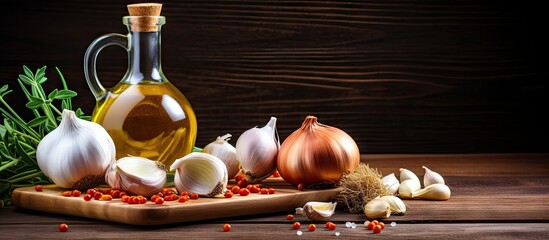 Aufkleber - Olive oil in glass bottle beside whole garlic and onions on wooden cutting board with scattered spices against dark wood background