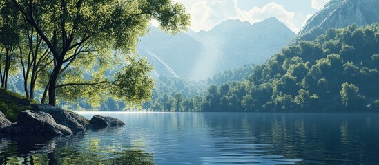 Aufkleber - Scenic alpine lake surrounded by lush green forested mountain slopes with sunlit ripples on calm reflective water creating a tranquil atmosphere