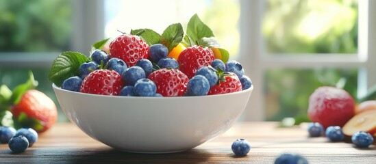 Poster - Fresh assorted berries including strawberries, blueberries, and raspberries in a white bowl with green mint leaves on a wooden table by a window.