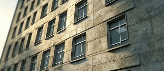 Aufkleber - Close up of a weathered office building facade featuring aged beige concrete and multiple square windows reflecting soft morning light.
