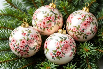 Poster - Elegant Christmas ornaments with floral patterns on a pine branch.
