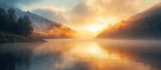 Poster - Serene sunrise over a misty lake with vibrant orange and yellow hues reflecting on the water, surrounded by lush green mountains and soft clouds.
