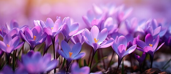 Aufkleber - Vibrant spring garden scene featuring clusters of delicate purple Jeffersonia flowers with soft bokeh background and ample copy space on top left