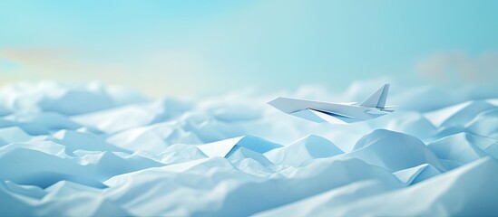 Poster - Blue origami airplane emerging from soft, white paper clouds against a light blue sky background, creating a serene and whimsical atmosphere.