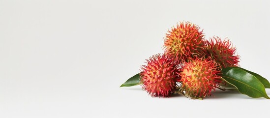 Aufkleber - Rambutan fruits Nephelium lappaceum with vibrant red and green spiky exteriors arranged on the left against a soft white background for text space
