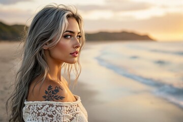 Aufkleber - Woman with blonde hair and floral tattoo on her shoulder standing on a beach at sunset.