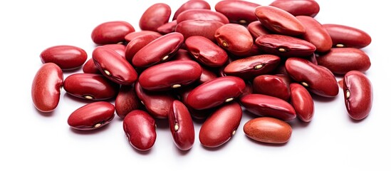 Aufkleber - Red kidney beans scattered on a white background showcasing their oval shape and glossy surface with a few beans overlapping for depth.