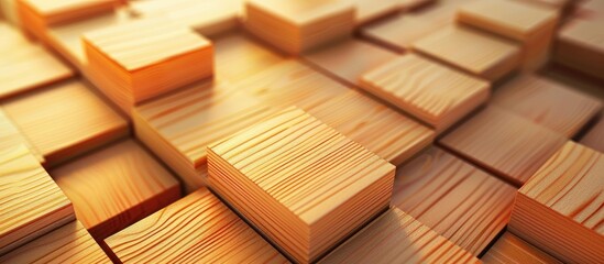 Poster - Wooden rectangles arranged on a light background creating depth and texture with warm tones highlighting natural wood grain and seamless copy space.