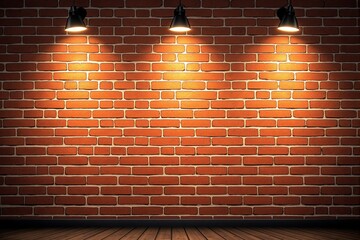 Poster - Brick wall illuminated by three spotlights with wooden floor in foreground.