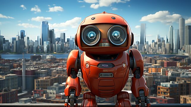 Orange Robot on City Rooftop: A Futuristic View