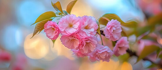 Poster - Elegant pink cherry blossoms in focus with soft blurred background featuring blue, yellow, and white bokeh lights creating a tranquil spring scene.
