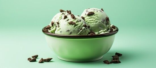 Aufkleber - Mint chocolate chip ice cream scoops in a green bowl against a soft mint background, garnished with chocolate chips scattered nearby.