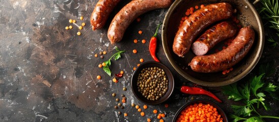 Poster - Rustic flat lay of gourmet sausages with green herbs and colorful lentils on dark stone background showcasing rich textures and warm colors