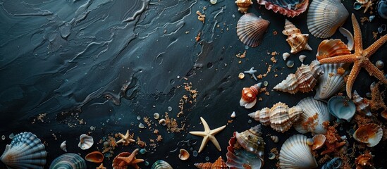 Poster - Abstract marine scene with seashells, starfish, and natural snags on a dark textured background featuring gold accents and ample copy space on the right.