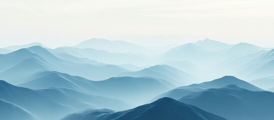 Aufkleber - Serene panoramic view of layered mountains in soft morning light, featuring shades of blue and teal, with distant peaks merging into the horizon.