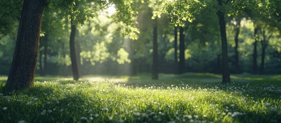 Poster - Fresh green foliage blankets a sunlit meadow in a tranquil park, trees stand tall amidst dappled light creating a serene natural atmosphere.
