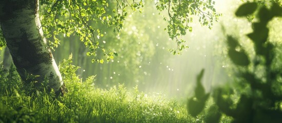 Fototapete - Lush green forest scene with soft focus on foreground grass and leafy branches creating a tranquil atmosphere with dappled sunlight.